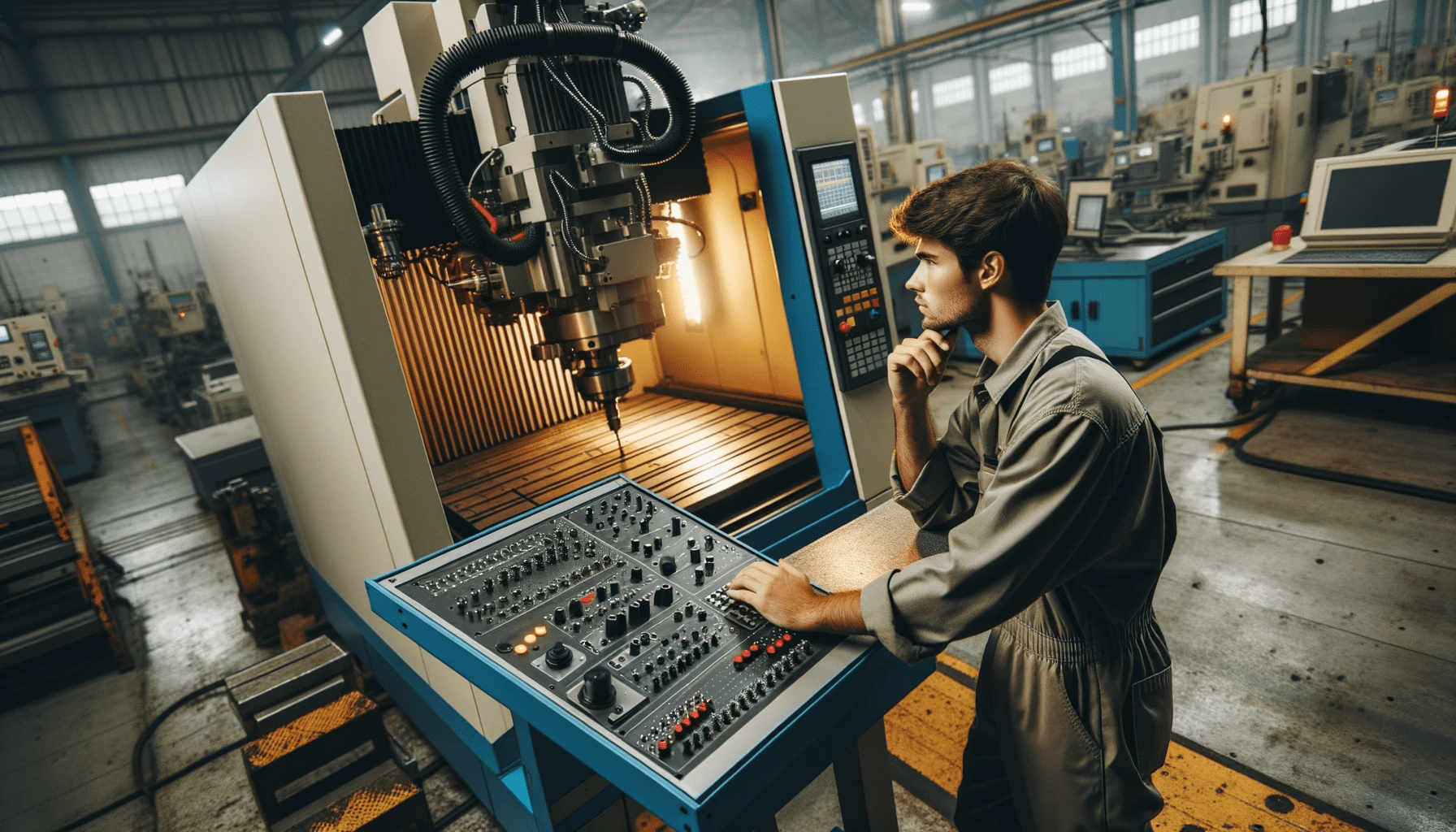 An industrial environment where a man is positioned behind a CNC machine, carefully inspecting its components and operations