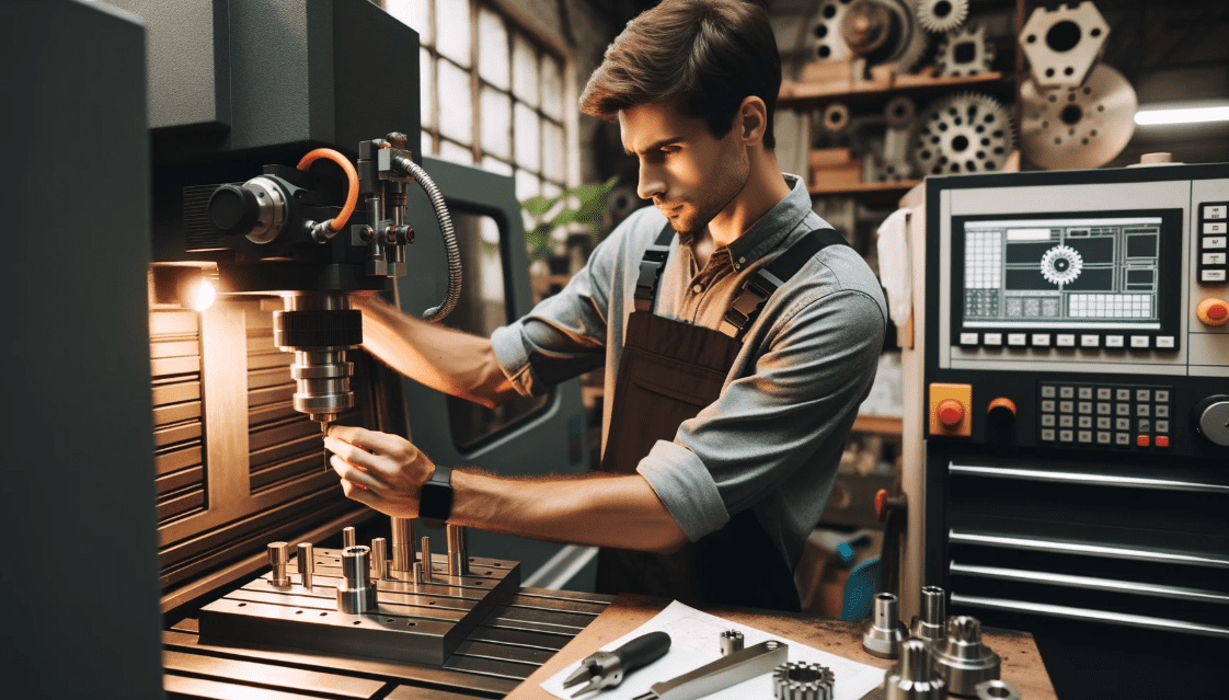 A man in a well-equipped workshop, focused on adjusting CNC tools. The setting captures the essence of craftsmanship, with the man displaying concentration and skill.