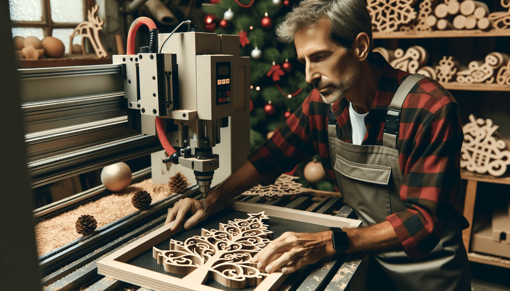 Middle-aged man in a workshop, intently working with a CNC machine to create a wooden Christmas-themed artifact. The environment is filled