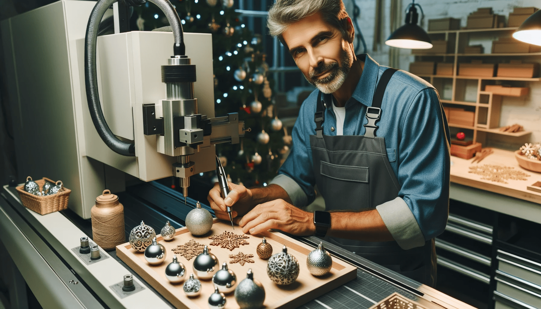 Man in a well-lit workshop, diligently creating Christmas ornaments with the aid of a sophisticated CNC machine. Around him, va
