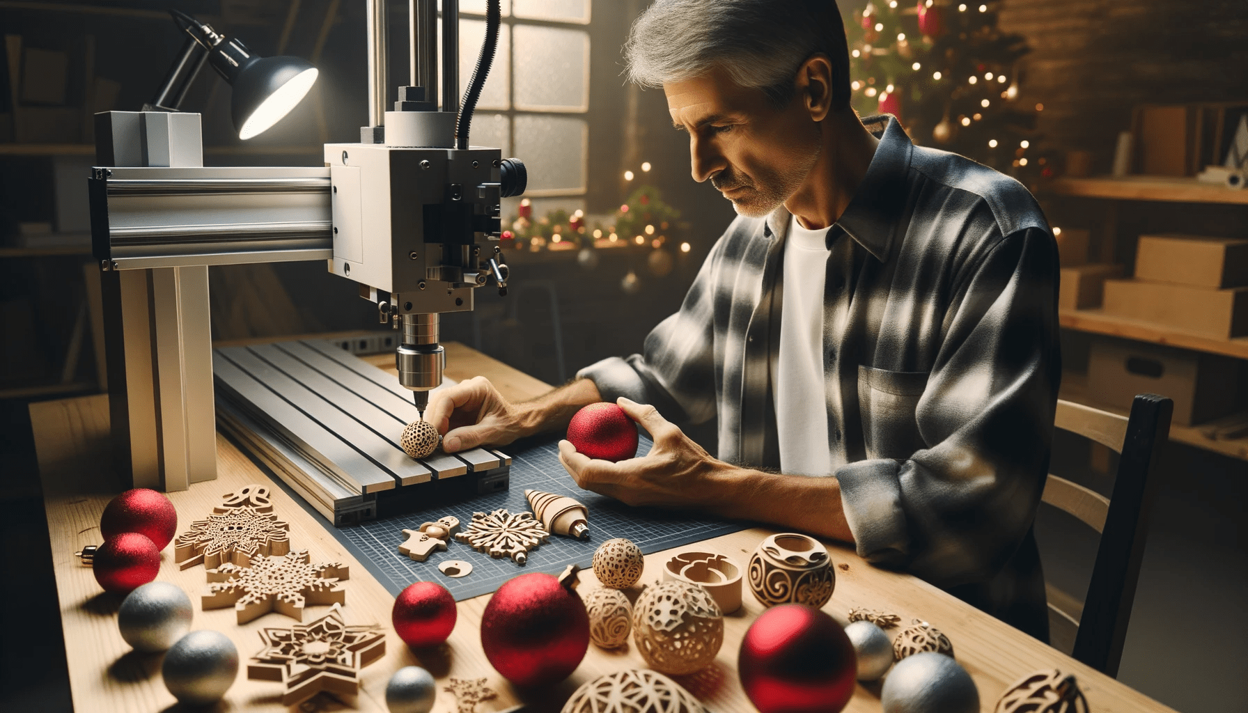 Man in a well-lit workshop, meticulously crafting Christmas ornaments with a modern CNC machine. The table is scattered with to