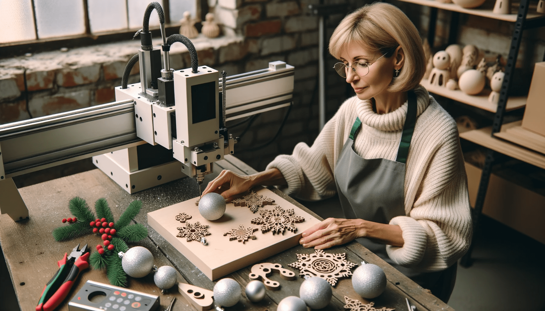 Middle-aged woman in a workspace, meticulously creating Christmas ornaments with a different type of CNC machine. The setting is filled wit
