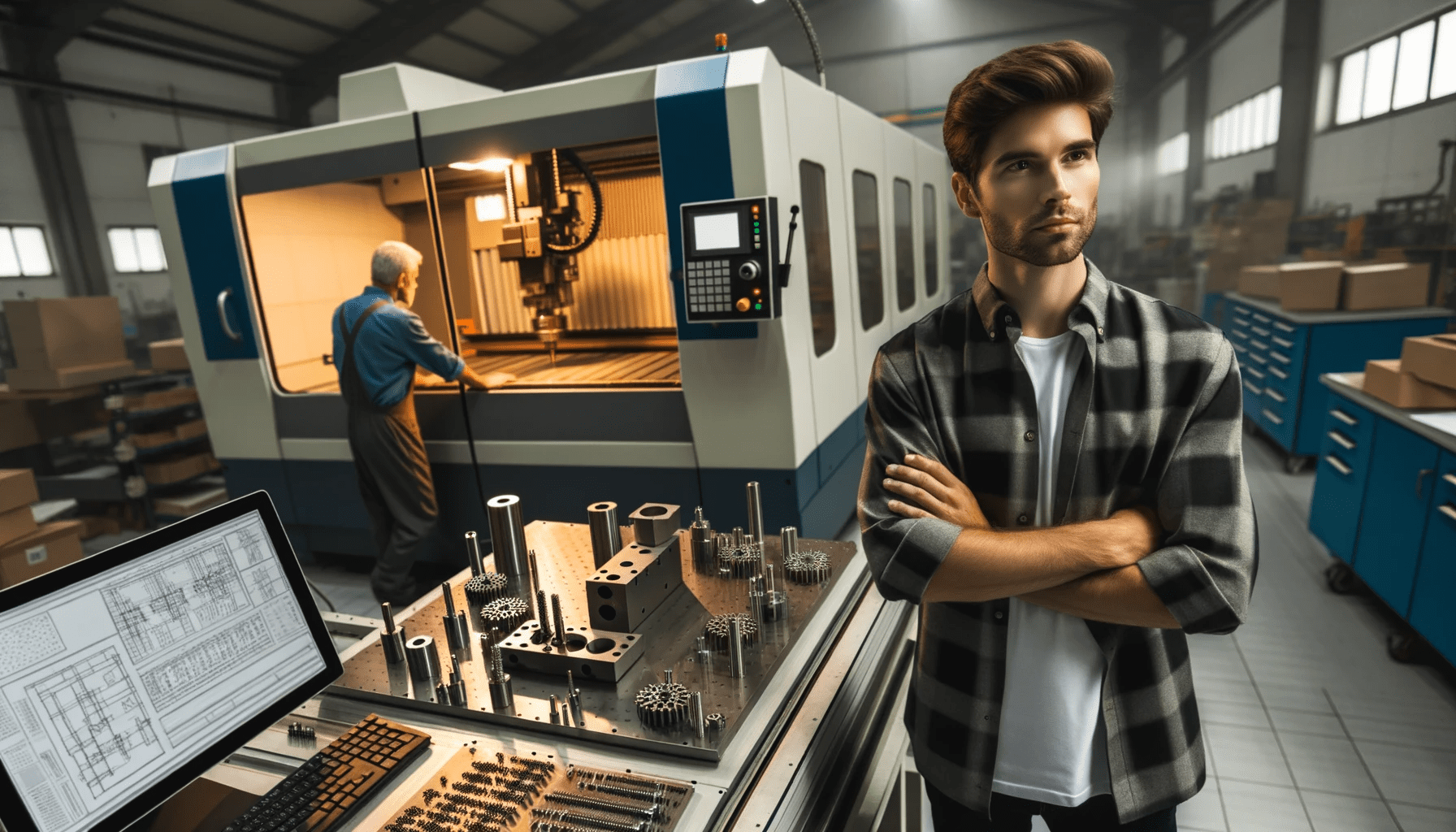 Photo of a modern workshop where a man stands attentively behind a CNC machine, monitoring its operations and ensuring precision