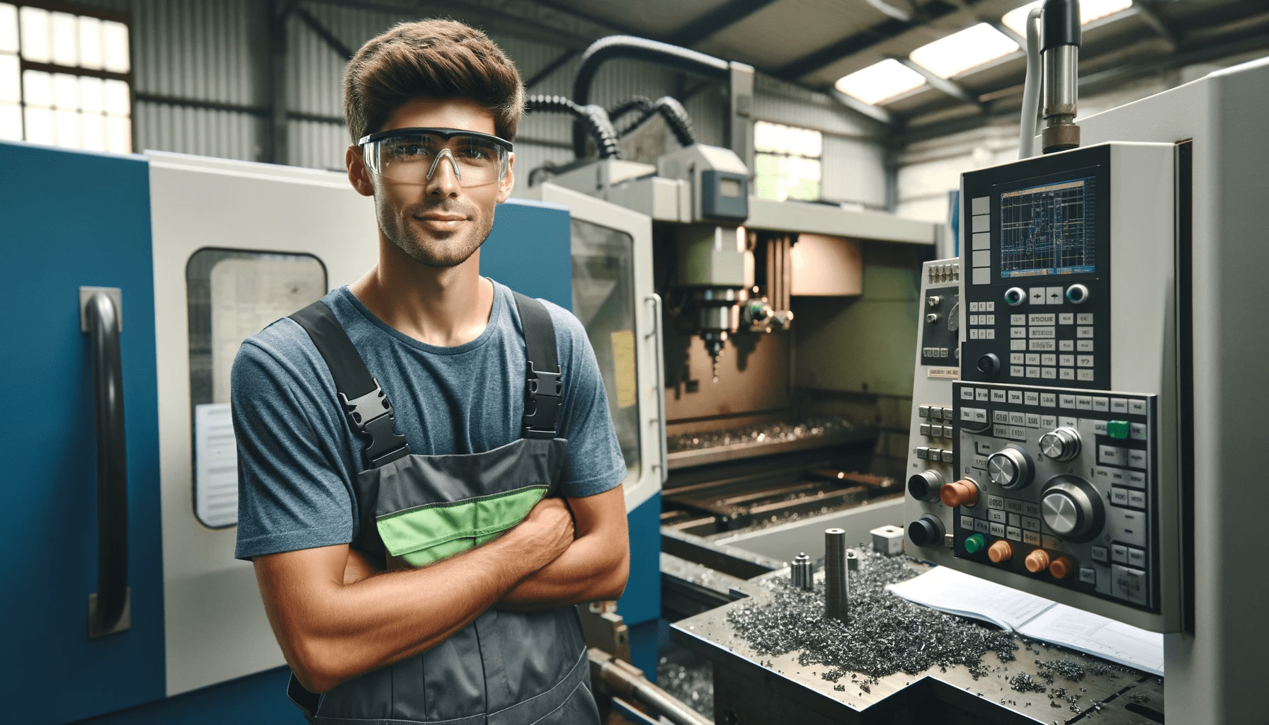 A Caucasian male CNC machinist wearing safety goggles and a blue work shirt, standing in a CNC workshop. The environment is industrial, with