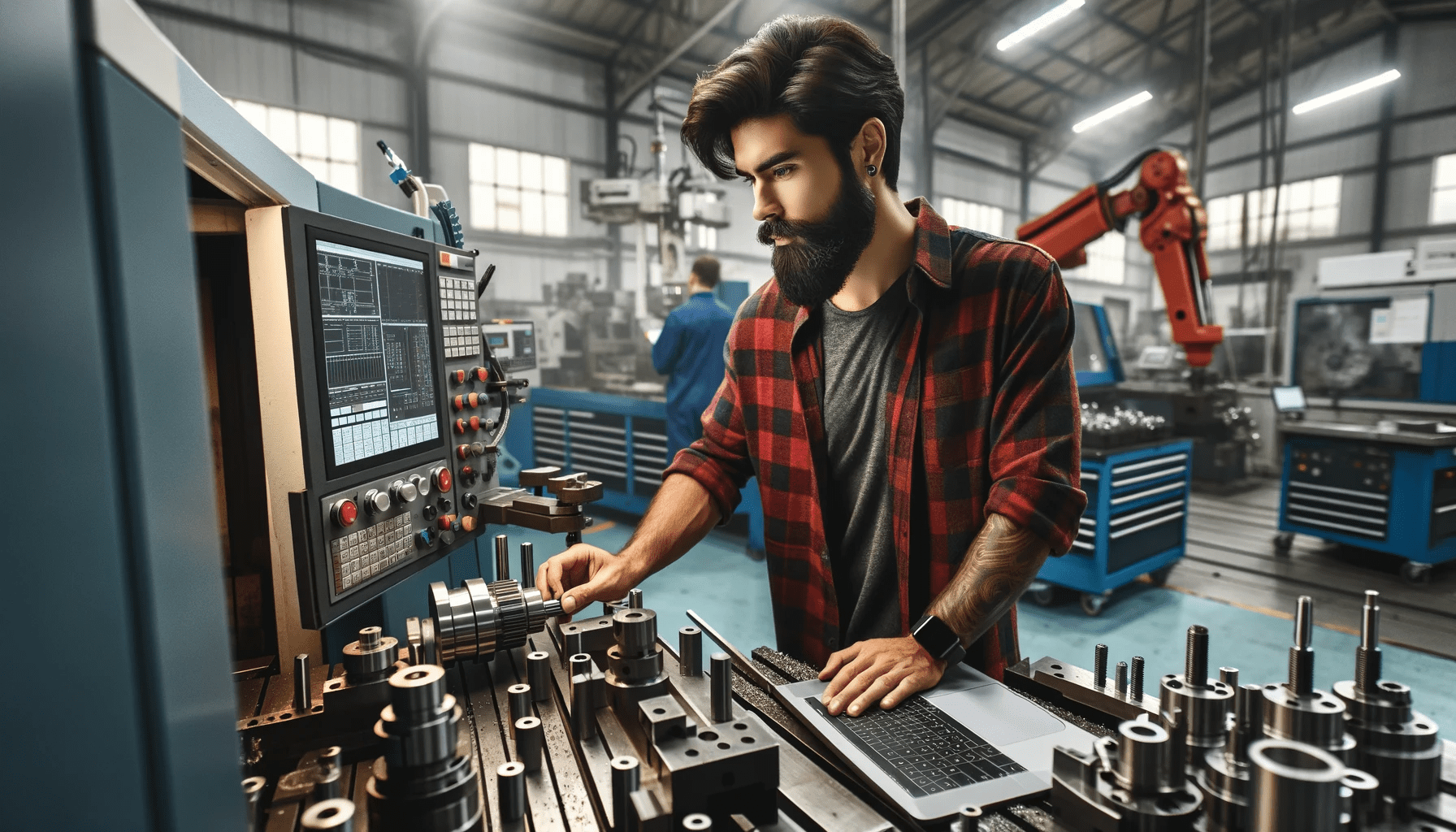 A Hispanic male CNC machinist in his forties, with a thick beard and wearing a red flannel shirt. He's inspecting a precision component in a