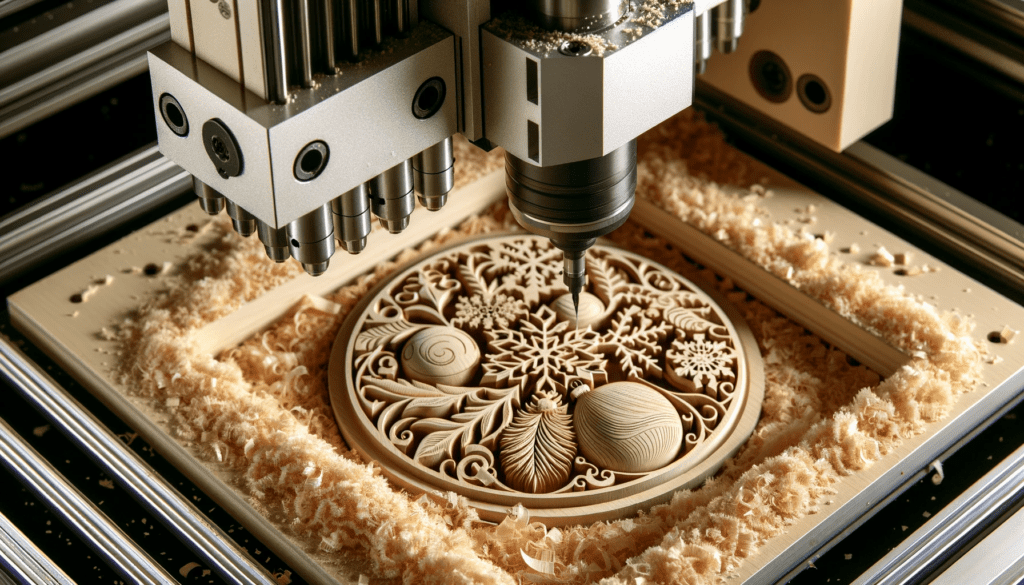 CNC-machine-in-the-midst-of-engraving-delicate-Christmas-ornaments.-Wood-shavings-are-visible-around-the-machine-highlighting-the-accuracy