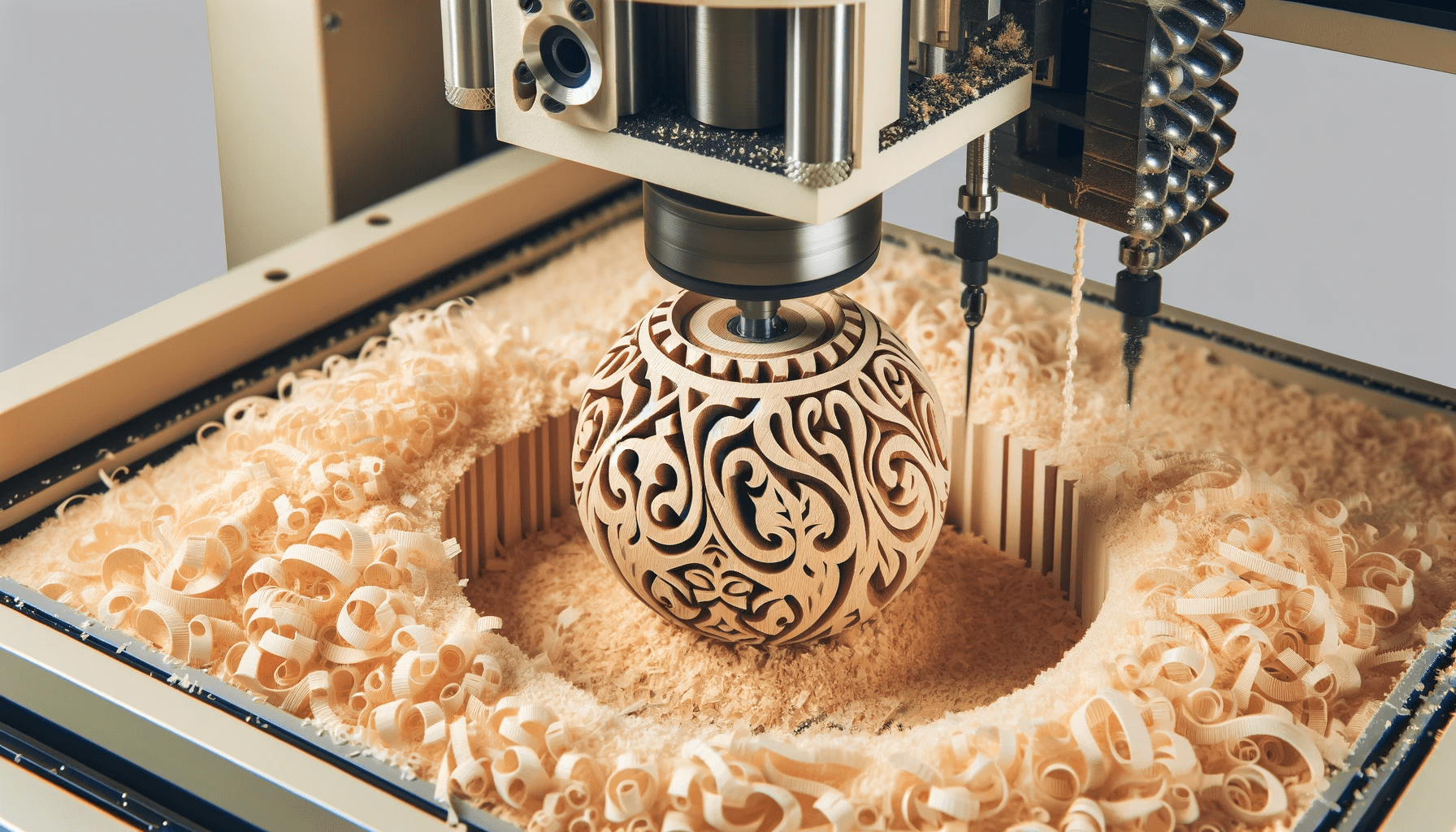 CNC machine in the process of carving a unique wooden gift, with fine shavings around the item showing intricate designs being etched