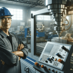 CNC machinist in a CNC workshop environment. The machinist is a middle-aged, Asian male, wearing safety goggles, a hard hat, an