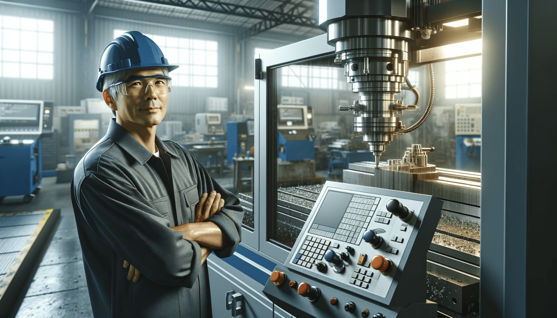 CNC machinist in a CNC workshop environment. The machinist is a middle-aged, Asian male, wearing safety goggles, a hard hat, an