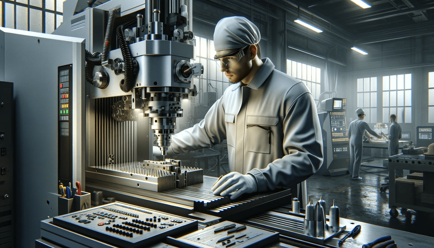 CNC machinist in a CNC workshop environment. The machinist, wearing protective gear, is intently operating a CNC machine. The (2)