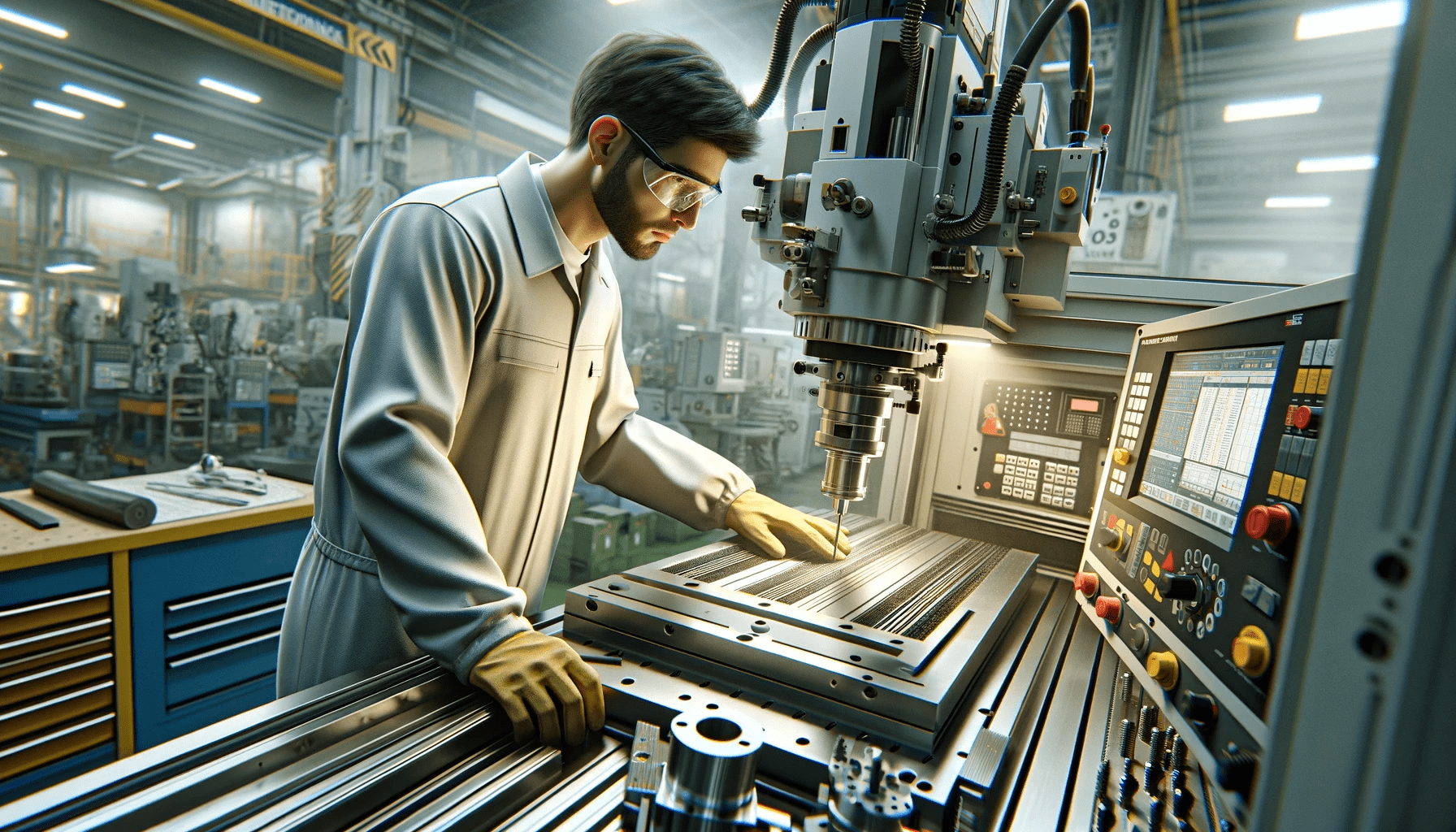 CNC machinist in a CNC workshop environment. The machinist, wearing protective gear, is intently operating a CNC machine.