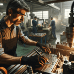 CNC machinist in a CNC workshop environment. The scene shows the machinist, a middle-aged Caucasian man, wearing protective gea