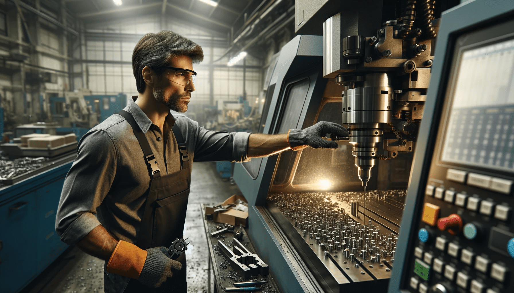 CNC machinist in a CNC workshop environment. The scene shows the machinist, a middle-aged Caucasian man, wearing protective gea