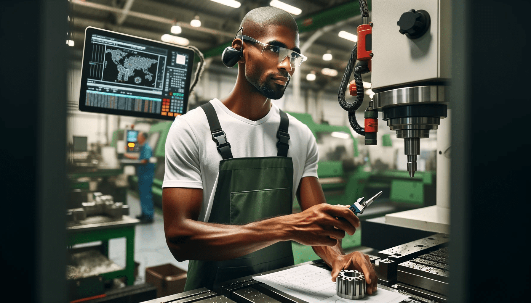 CNC machinist of Black descent, in his 50s, with a shaved head, working in a CNC manufacturing area. He is wearing a green work apron