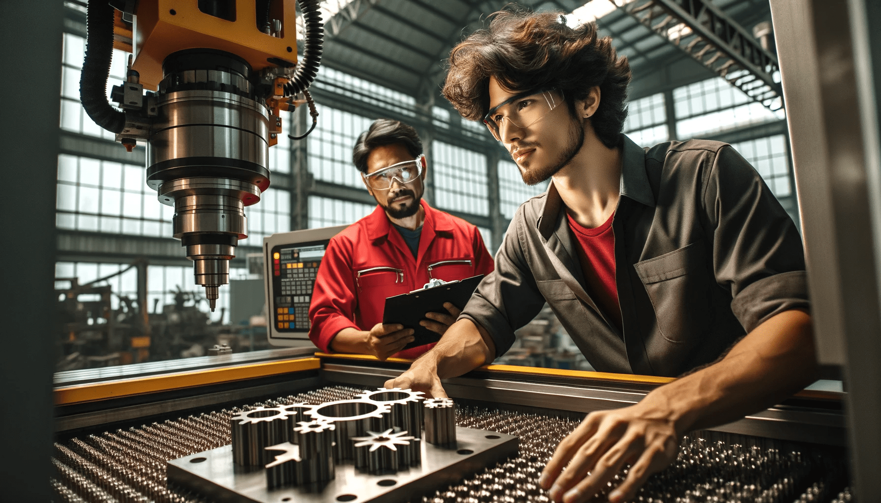 CNC machinist, with medium-length curly hair, wearing a red work shirt and safety goggles, is programming a CNC machine. The enviro