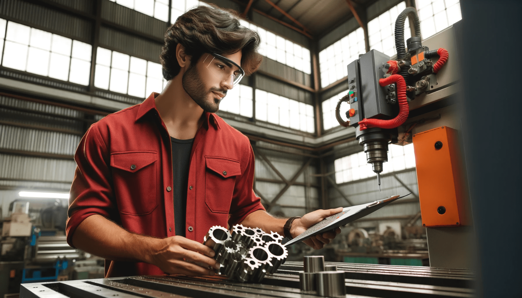 CNC machinist, with medium-length curly hair, wearing a red work shirt and safety goggles, is programming a CNC machine. The enviro
