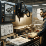 CNC machinist working in a CNC workshop environment. The machinist, a middle-aged Caucasian man, is intently operating a large,