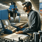 CNC machinist working in a CNC workshop environment. The machinist, a middle-aged Caucasian man, is intently operating a large, (2)