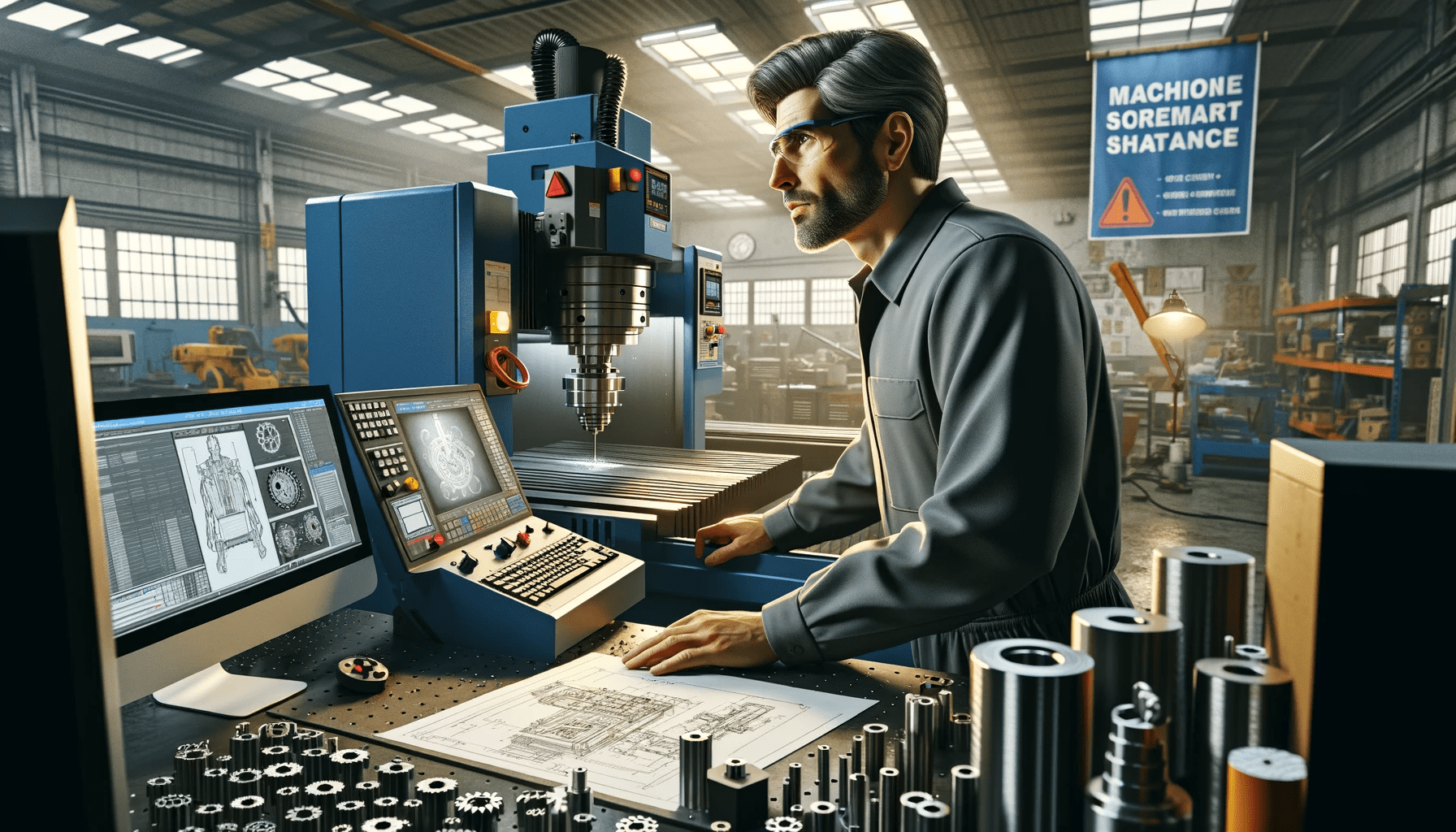 CNC machinist working in a CNC workshop environment. The machinist, a middle-aged Caucasian man, is intently operating a large, (2)