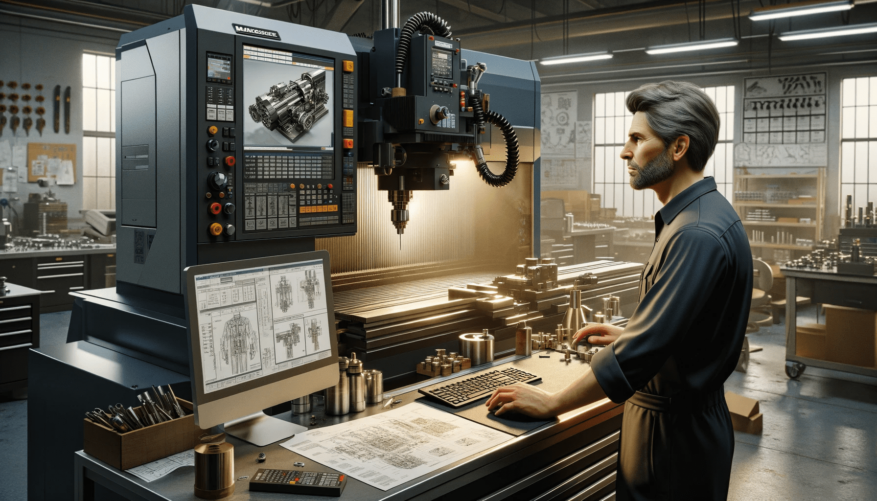 CNC machinist working in a CNC workshop environment. The machinist, a middle-aged Caucasian man, is intently operating a large,