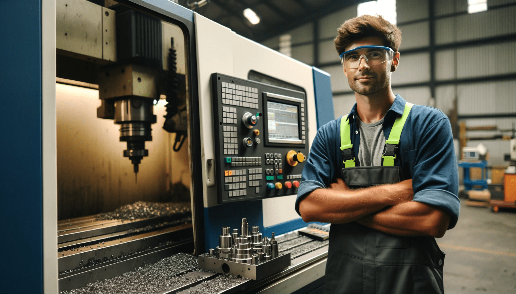 Caucasian male CNC machinist wearing safety goggles and a blue work shirt, standing in a CNC workshop. The environment is industrial, with