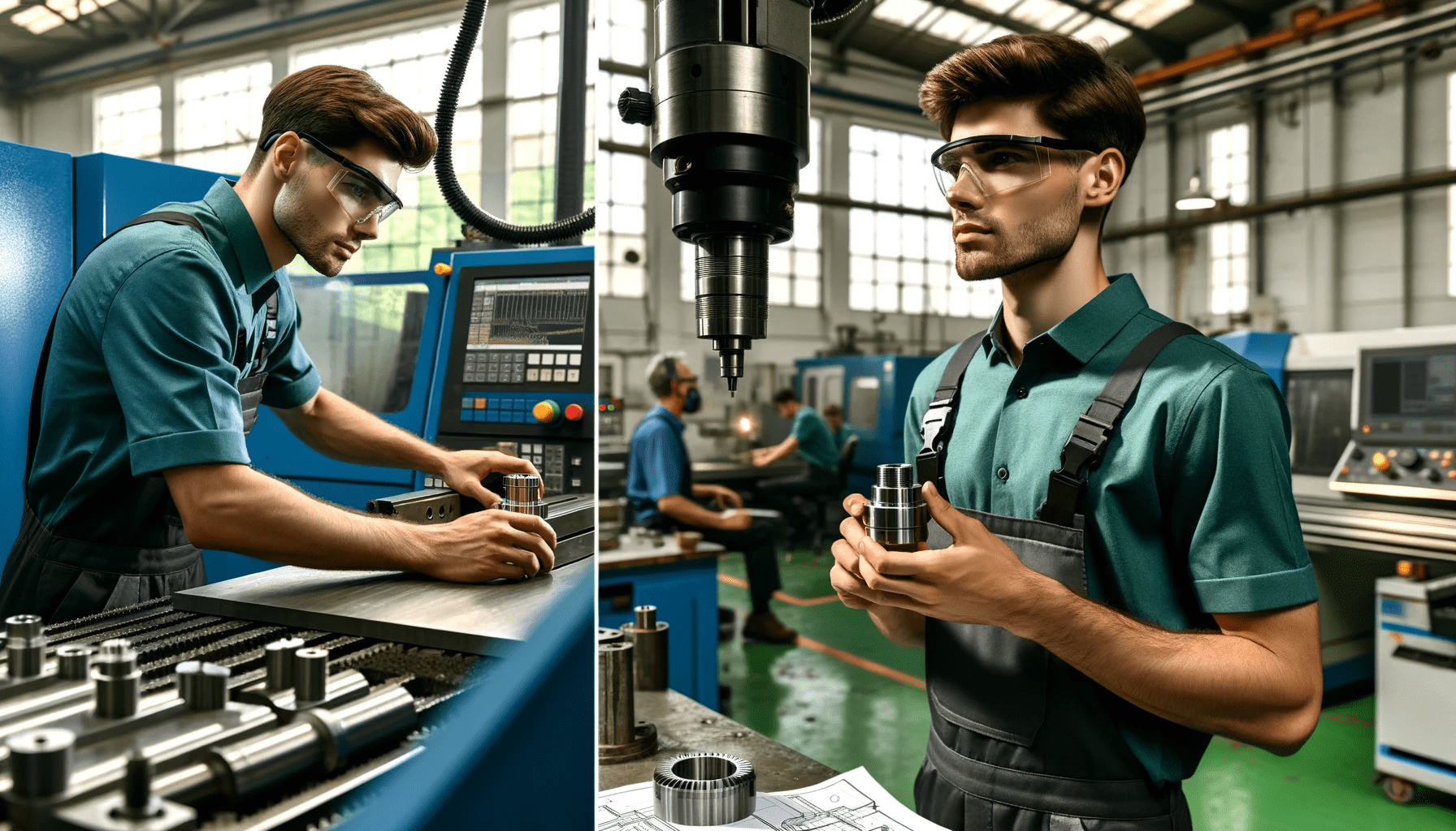 Caucasian male CNC machinist, with short brown hair, wearing safety goggles and a blue work shirt, operating a CNC machine in a well-lit industri