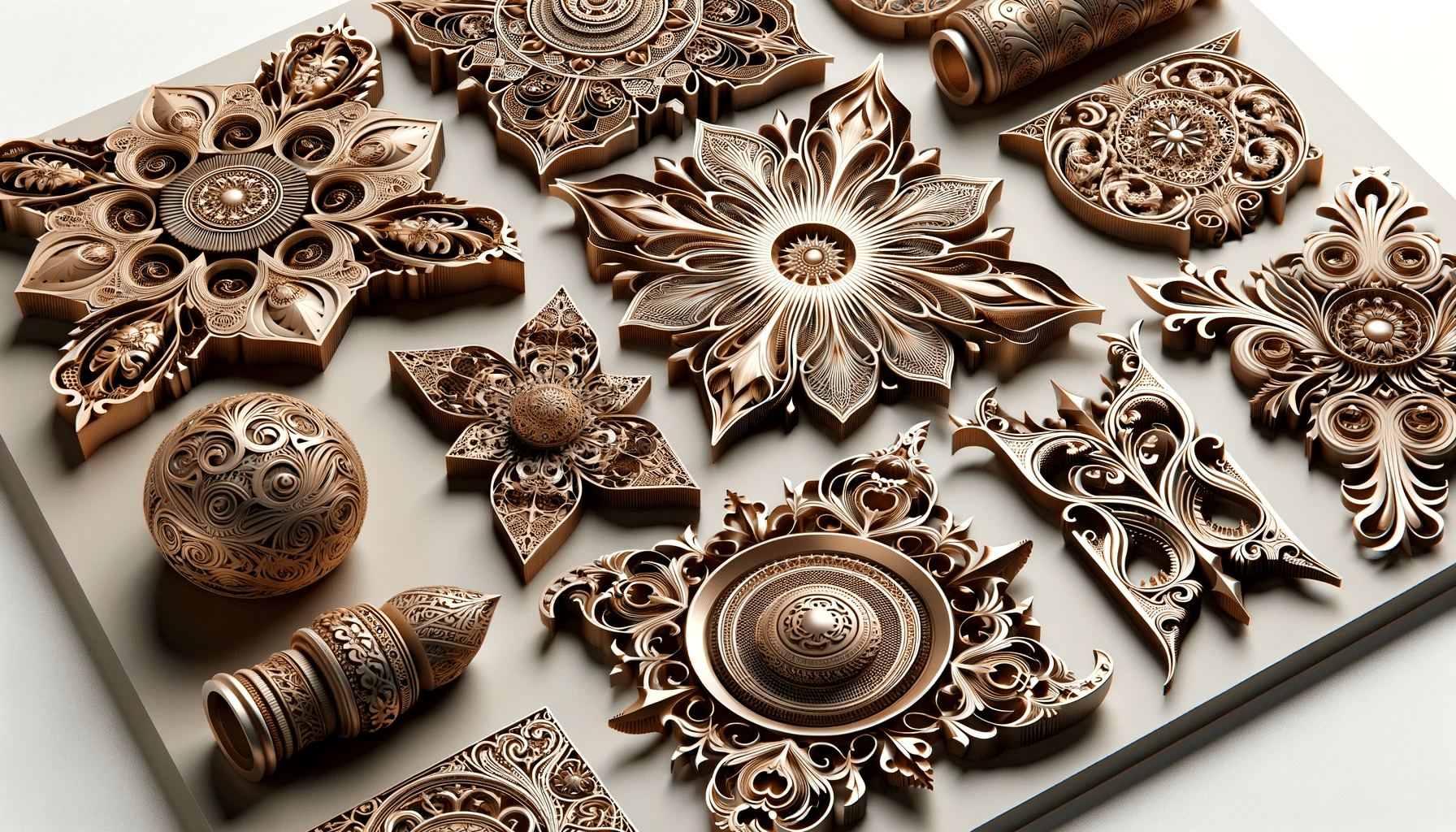 Collection of ornaments with complex patterns, all precisely engraved using CNC technology, focusing on the sharp details and accuracy of