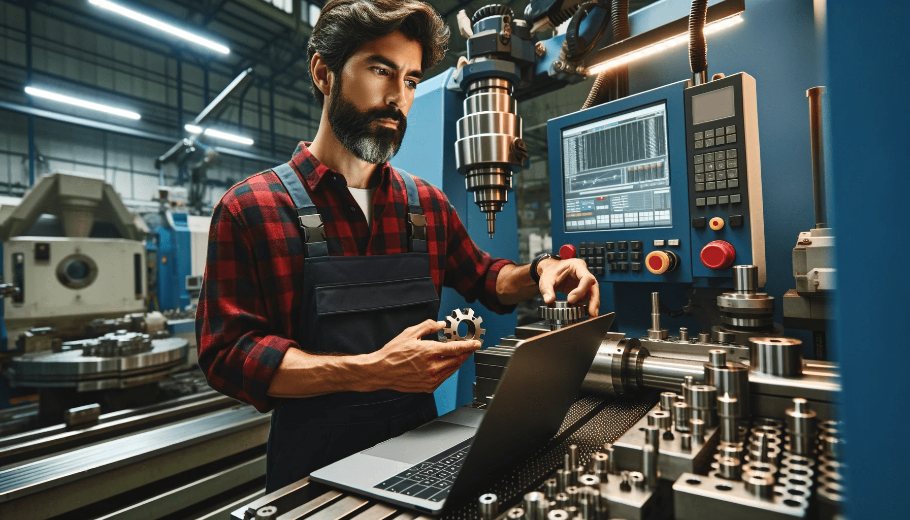Hispanic male CNC machinist in his forties, with a thick beard and wearing a red flannel shirt. He's inspecting a precision component in a