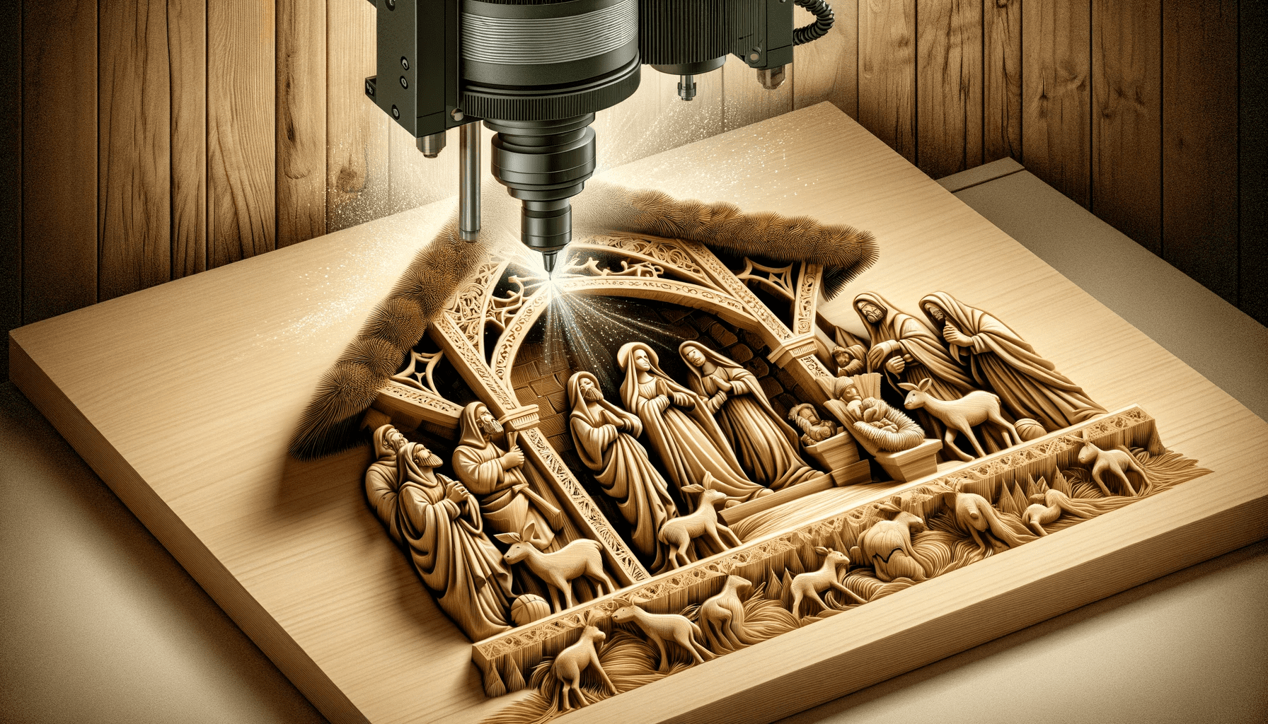 Illustration of a close-up view of a CNC carving machine as it etches fine details into wood, producing a complex nativity scene with figures and stab