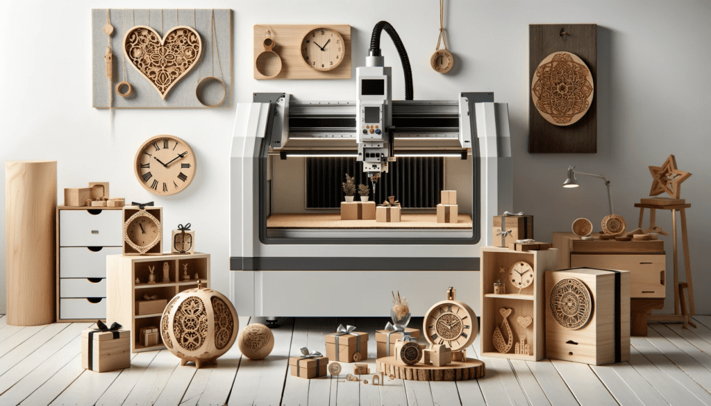 State-of-the-art-CNC-machine-in-a-clean-modern-workshop-surrounded-by-various-unique-gifts-like-personalized-wooden-clocks-and-bespoke-je