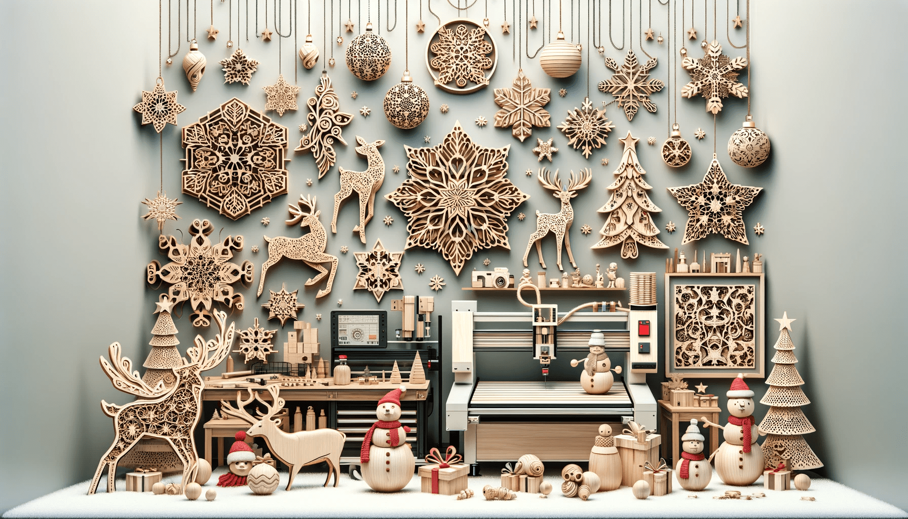 Various CNC projects designed for the winter holidays. The scene should show a collection of intricate an